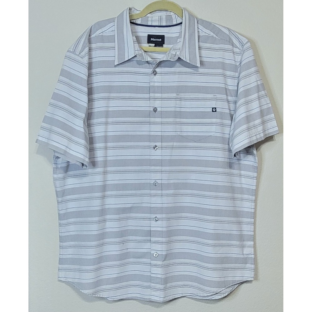 Marmot Fulton Short Sleeve Button Shirt Mens 2XL White Gray Stripe UPF 30 Hiking